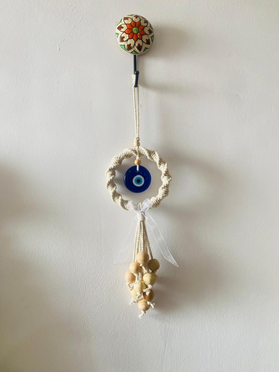 Handcrafted Macrame Evil Eye Hanging, Offwhite Colour
