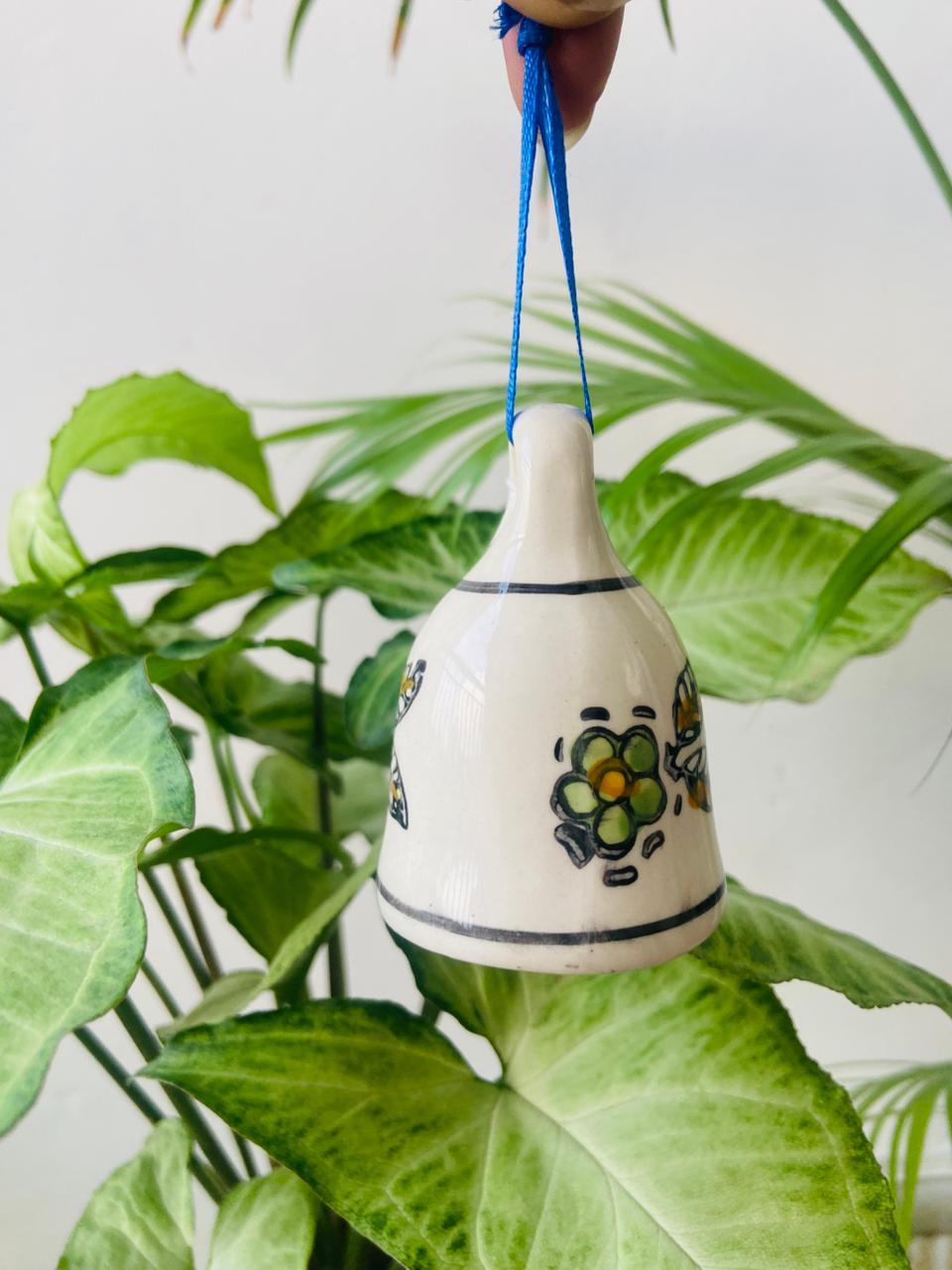Green Flower Ceramic Bell - 3 Inch for Macrame & Home Decor