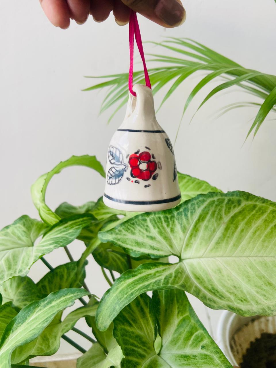 Floral Red Flower Ceramic Bell Size 3 Inches (Small)