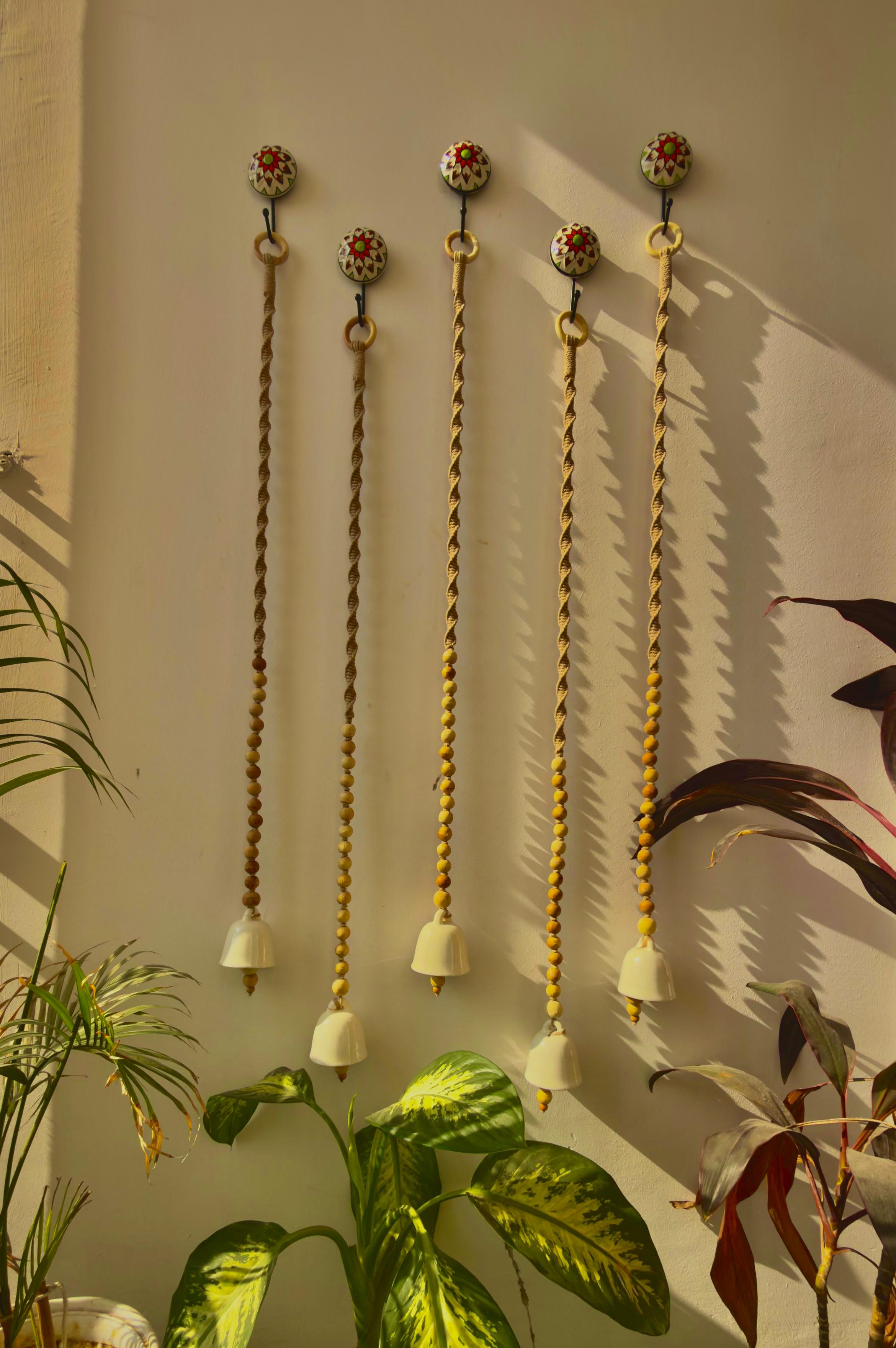 Boho Macrame Ceramic Backdrop Chime- Handcrafted Wall Hanging with Ceramic Bells