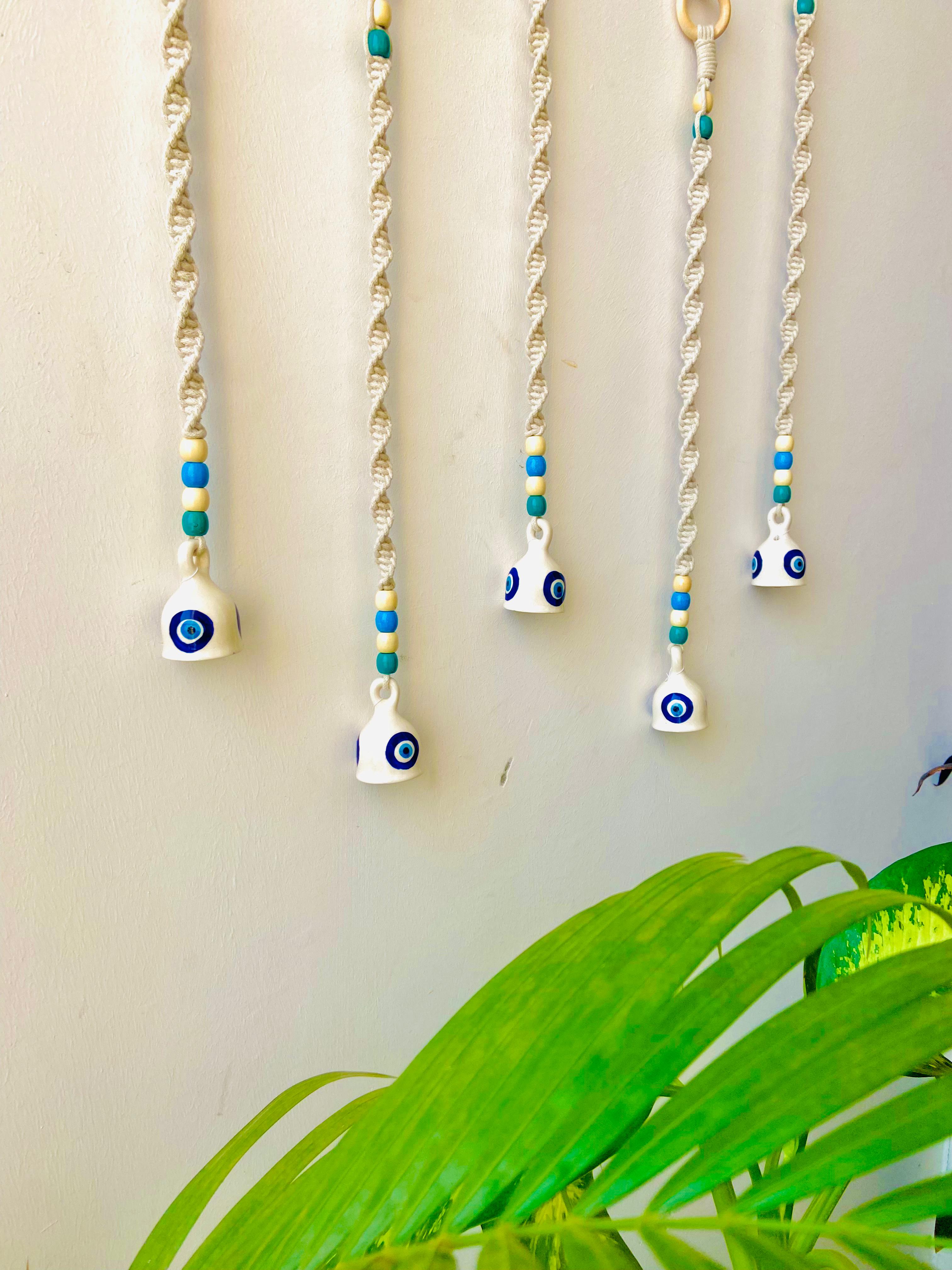 Evil Eye Chime Backdrop | Handcrafted Macrame Ceramic Wall Decor | Set of 5