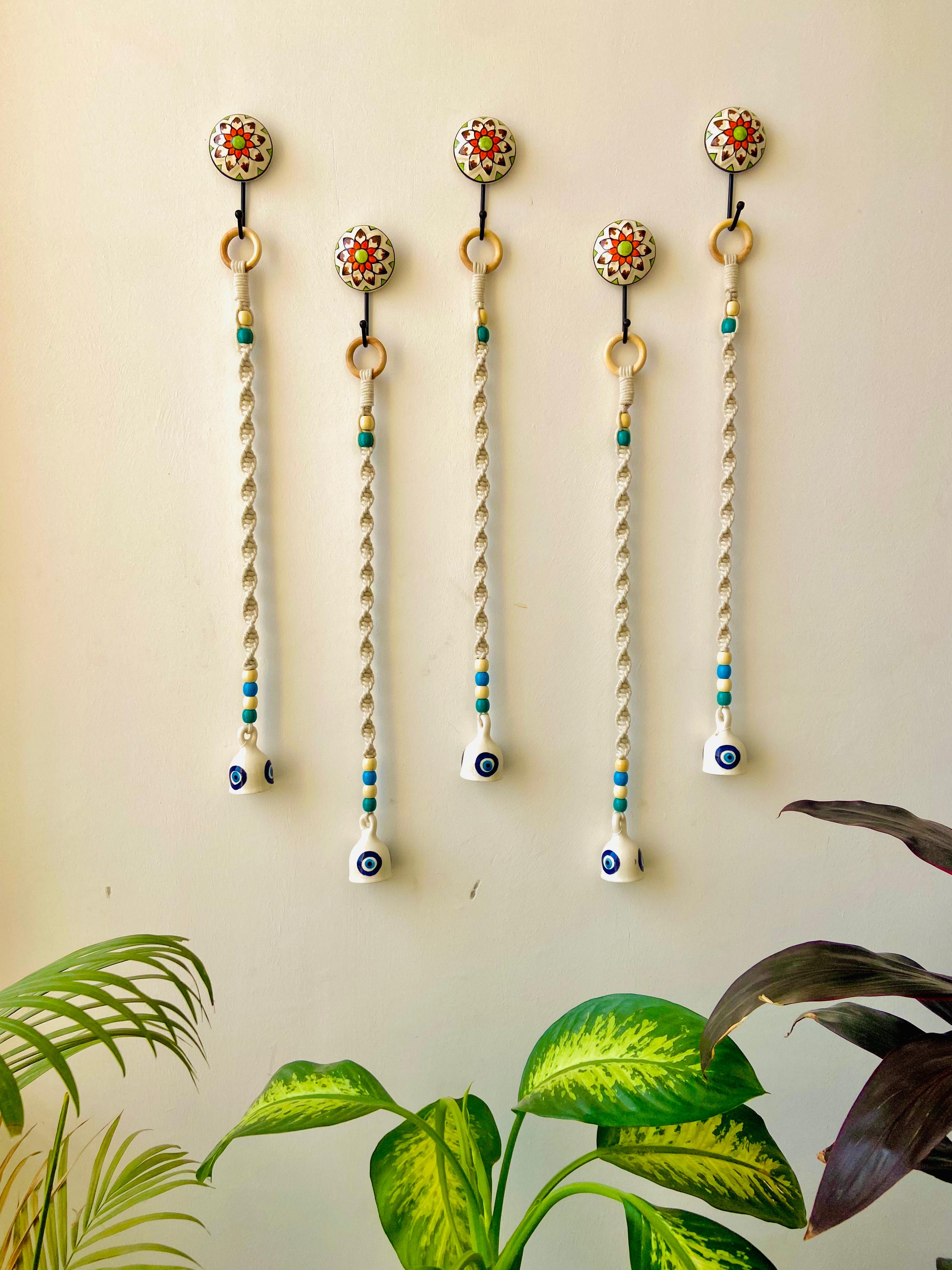 Evil Eye Chime Backdrop | Handcrafted Macrame Ceramic Wall Decor | Set of 5