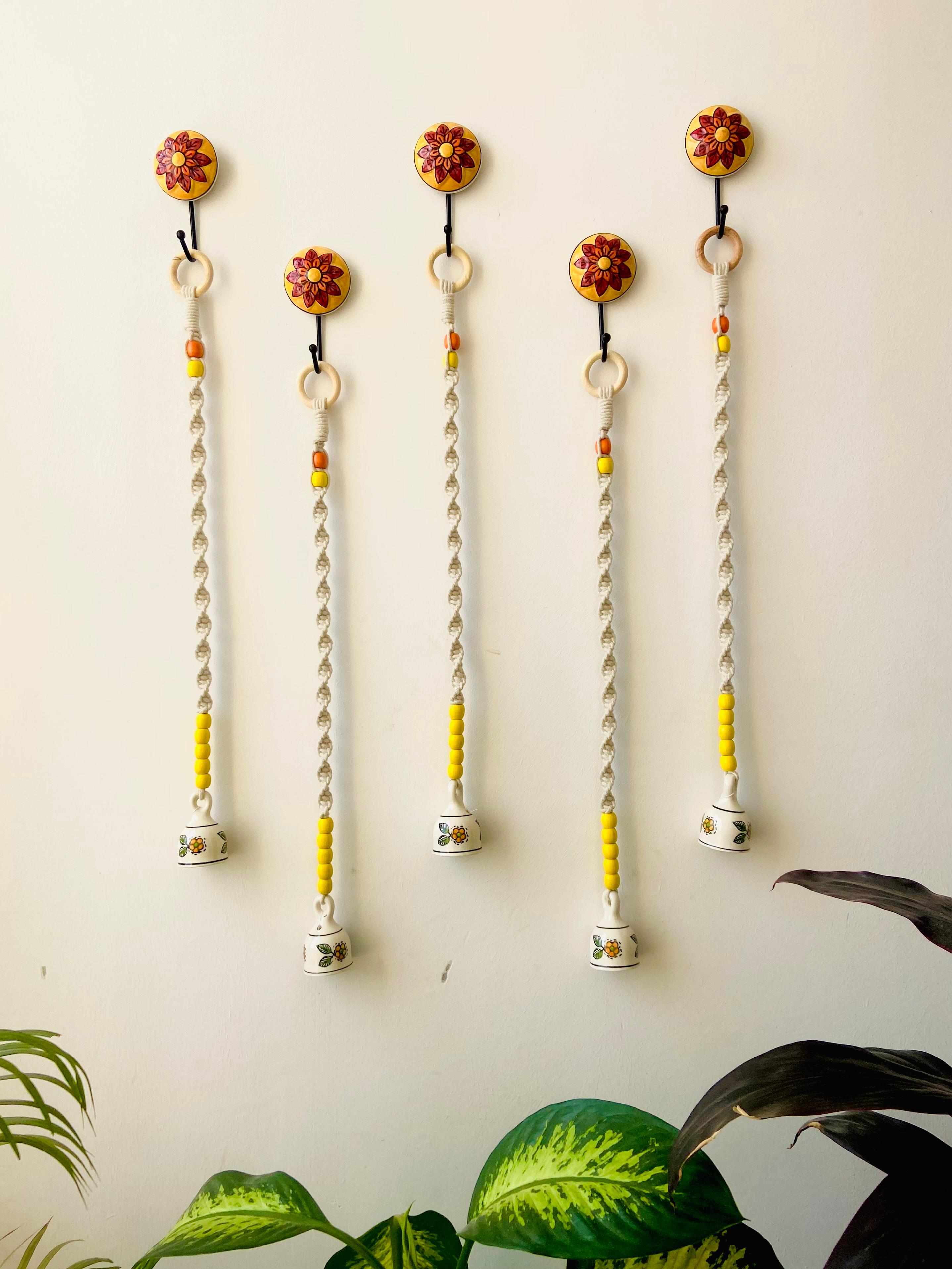 Yellow Flower Chime Backdrop - Handcrafted Macrame Ceramic Wall Decor (Set of 5)