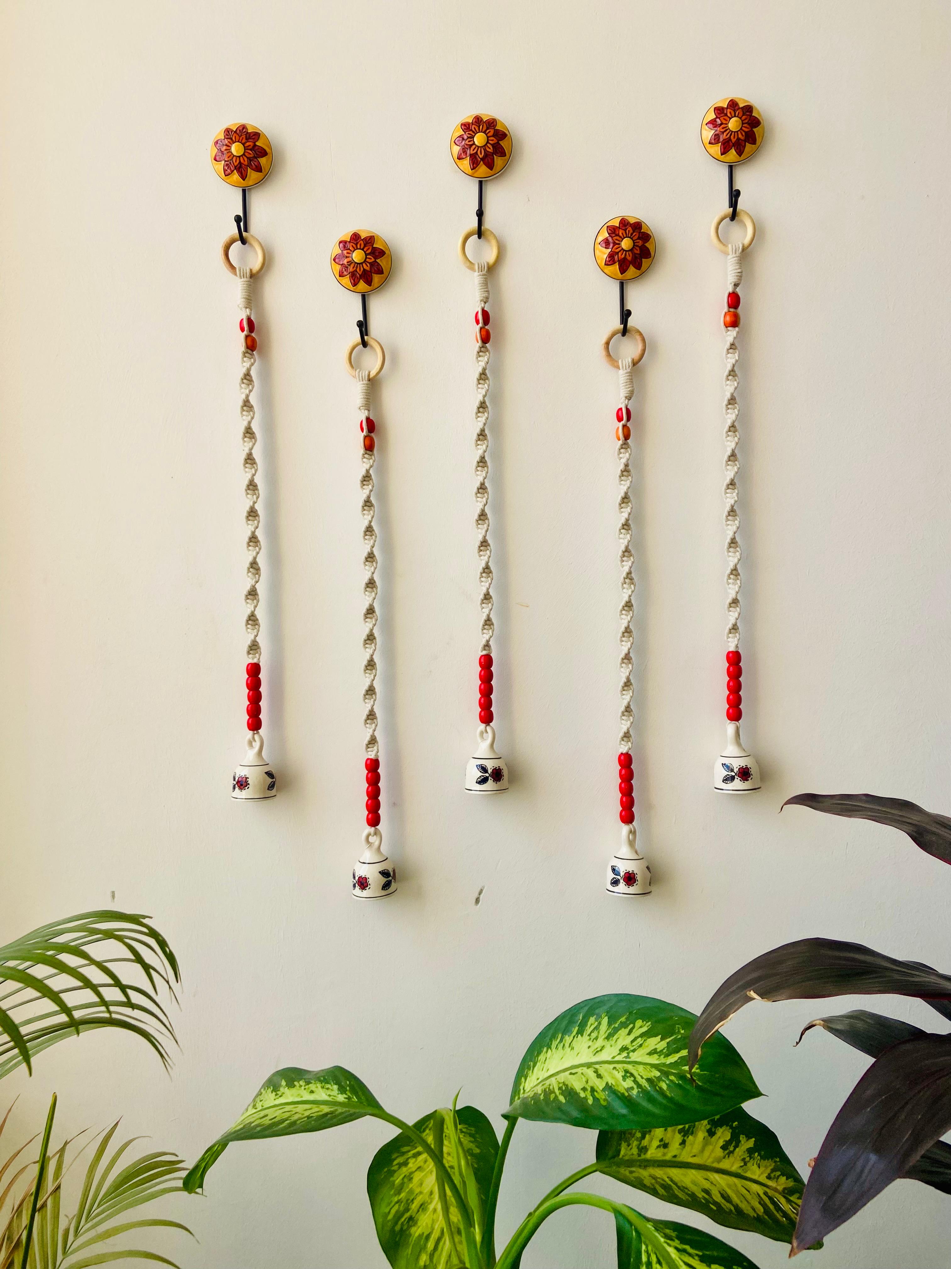 Backdrop Ceramic Wall Hanging Set of 5 with Red Beads & Flower Bell - 30 Inch