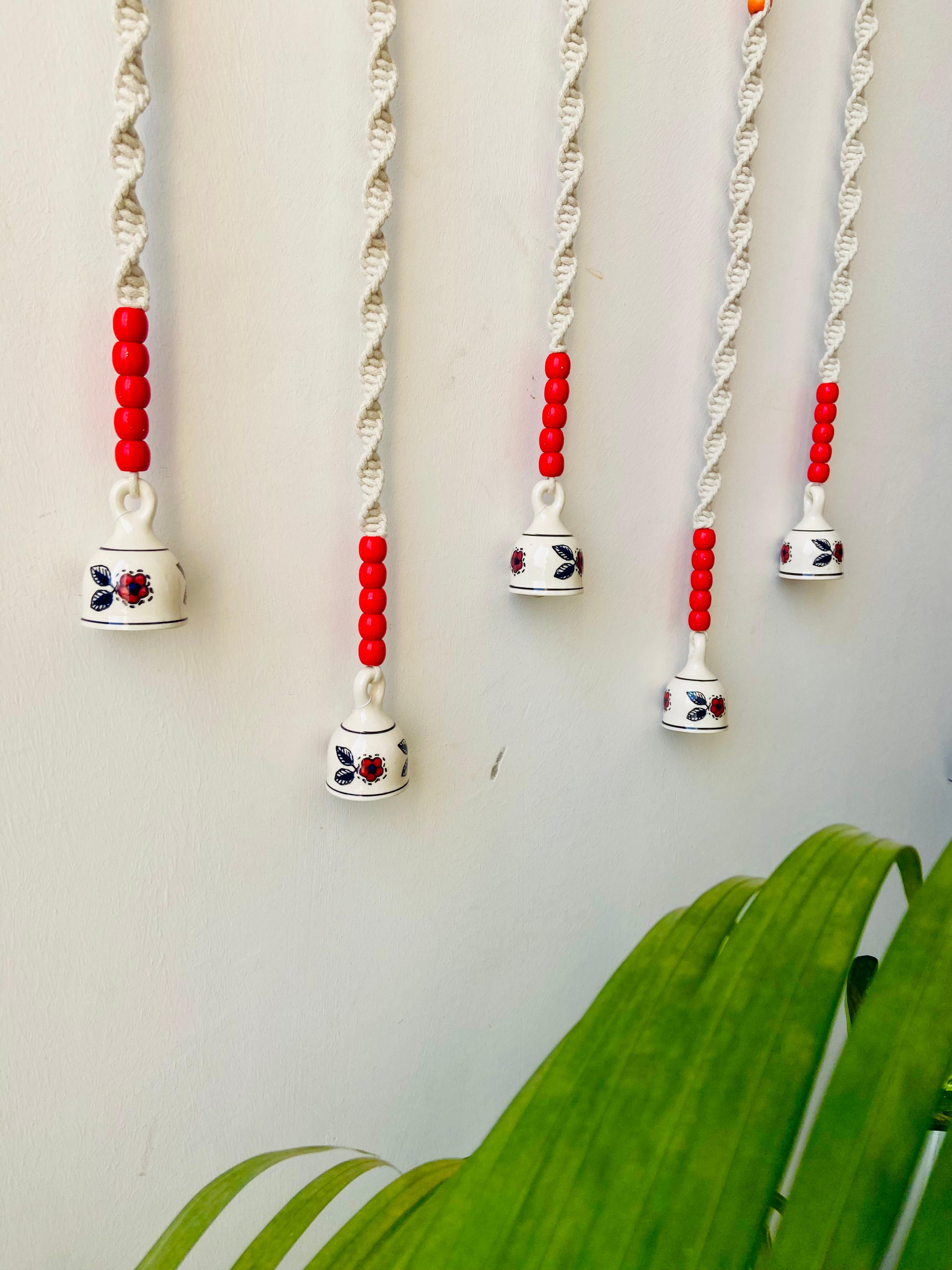 Backdrop Ceramic Wall Hanging Set of 5 with Red Beads & Flower Bell - 30 Inch
