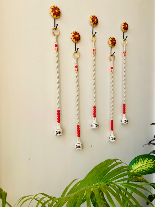 Backdrop Ceramic Wall Hanging Set of 5 with Red Beads & Flower Bell - 30 Inch