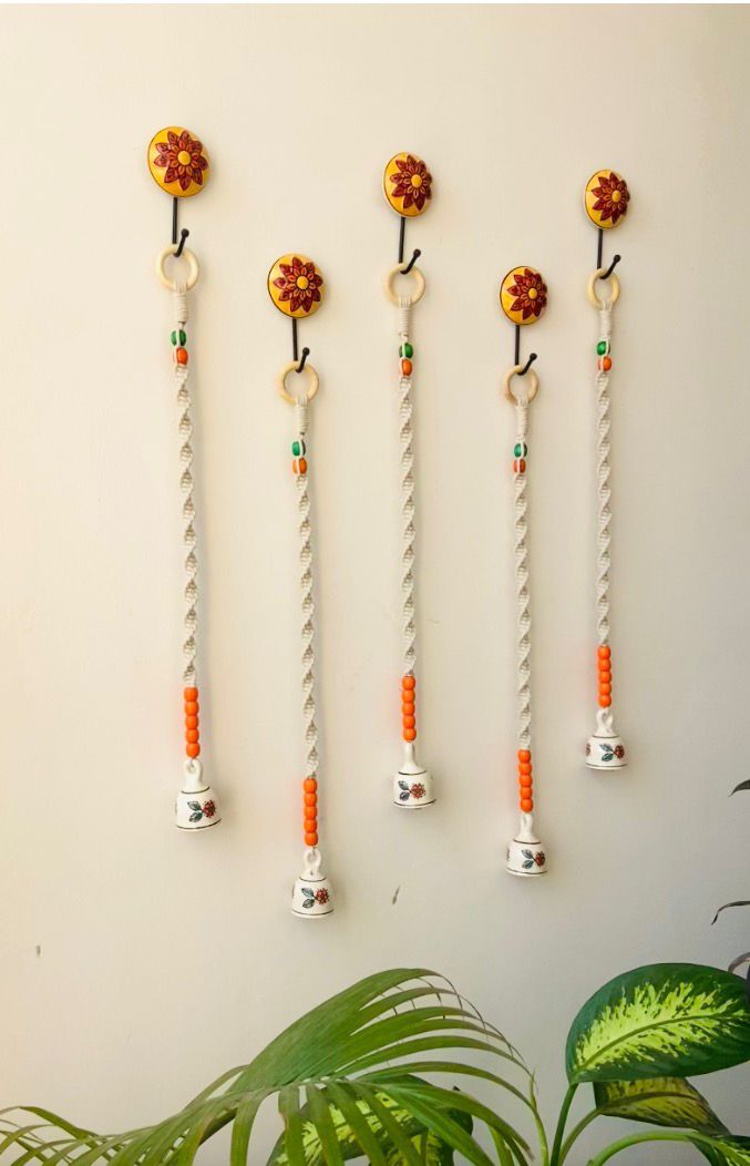 Backdrop Ceramic Wall Hanging Set of 5 with Orange Beads & Flower Bell - 30 Inch