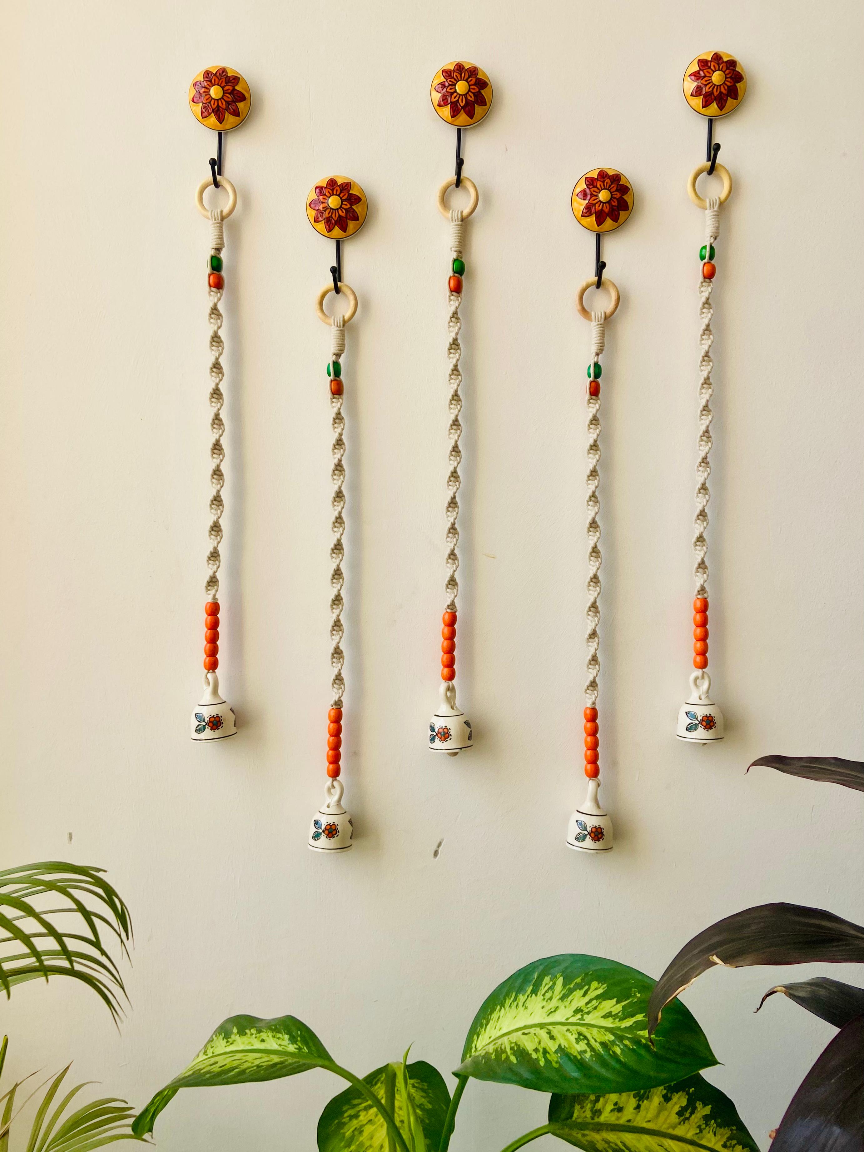 Backdrop Ceramic Wall Hanging Set of 5 with Orange Beads & Flower Bell - 30 Inch
