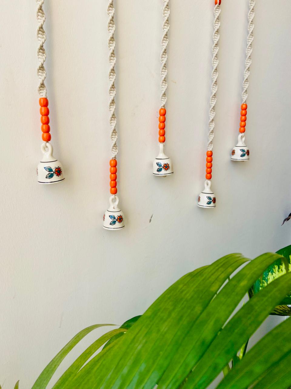 Backdrop Ceramic Wall Hanging Set of 5 with Orange Beads & Flower Bell - 30 Inch