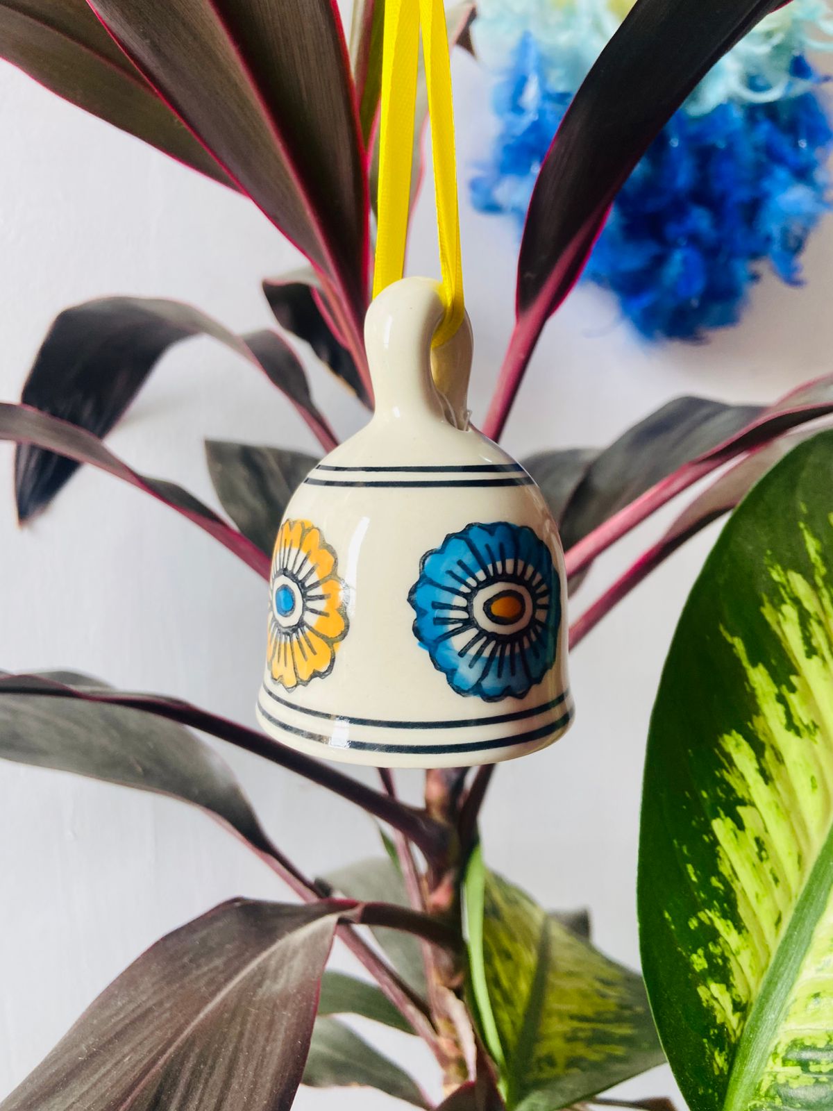 Blue & Yellow Flower Ceramic Bell - Hand Painted Medium (4 Inches) | Home Décor & Return Gift