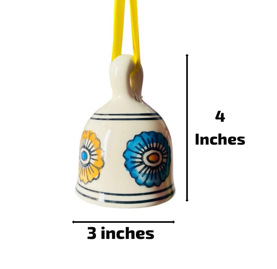 Blue & Yellow Flower Ceramic Bell - Hand Painted Medium (4 Inches) | Home Décor & Return Gift