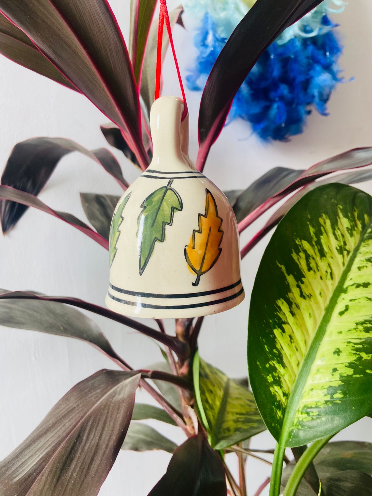Leaf Pattern Ceramic Bell - Hand Painted Large (5 Inches) | Home Décor & Return Gift