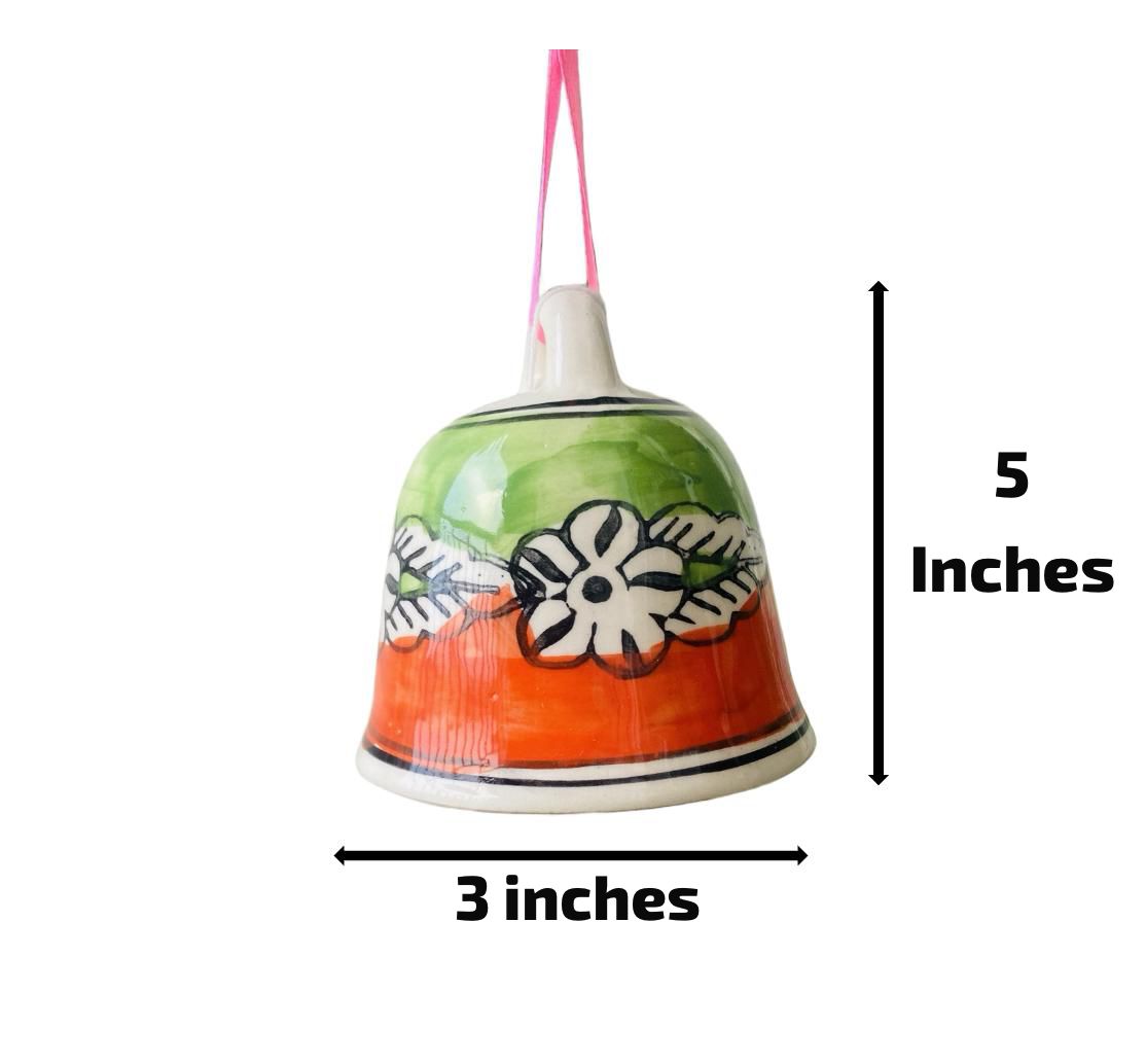 Orange & Green Ceramic Bell - Hand Painted Medium (4 Inches) | Home Décor & Return Gift