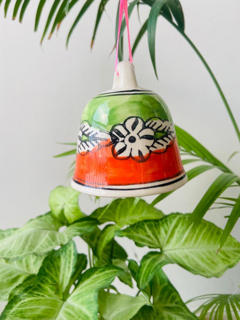 Orange & Green Ceramic Bell - Hand Painted Medium (4 Inches) | Home Décor & Return Gift