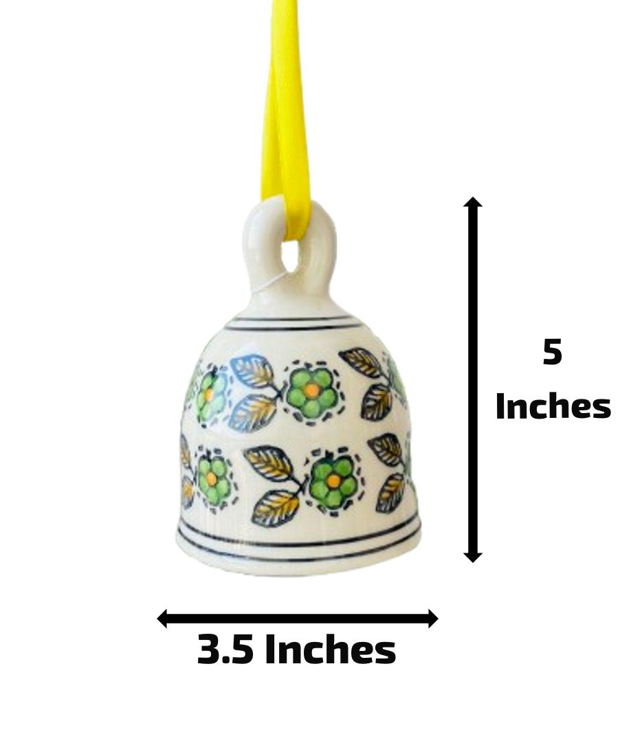 Green Flower Hand-Painted Ceramic Bell - 5 Inch Large