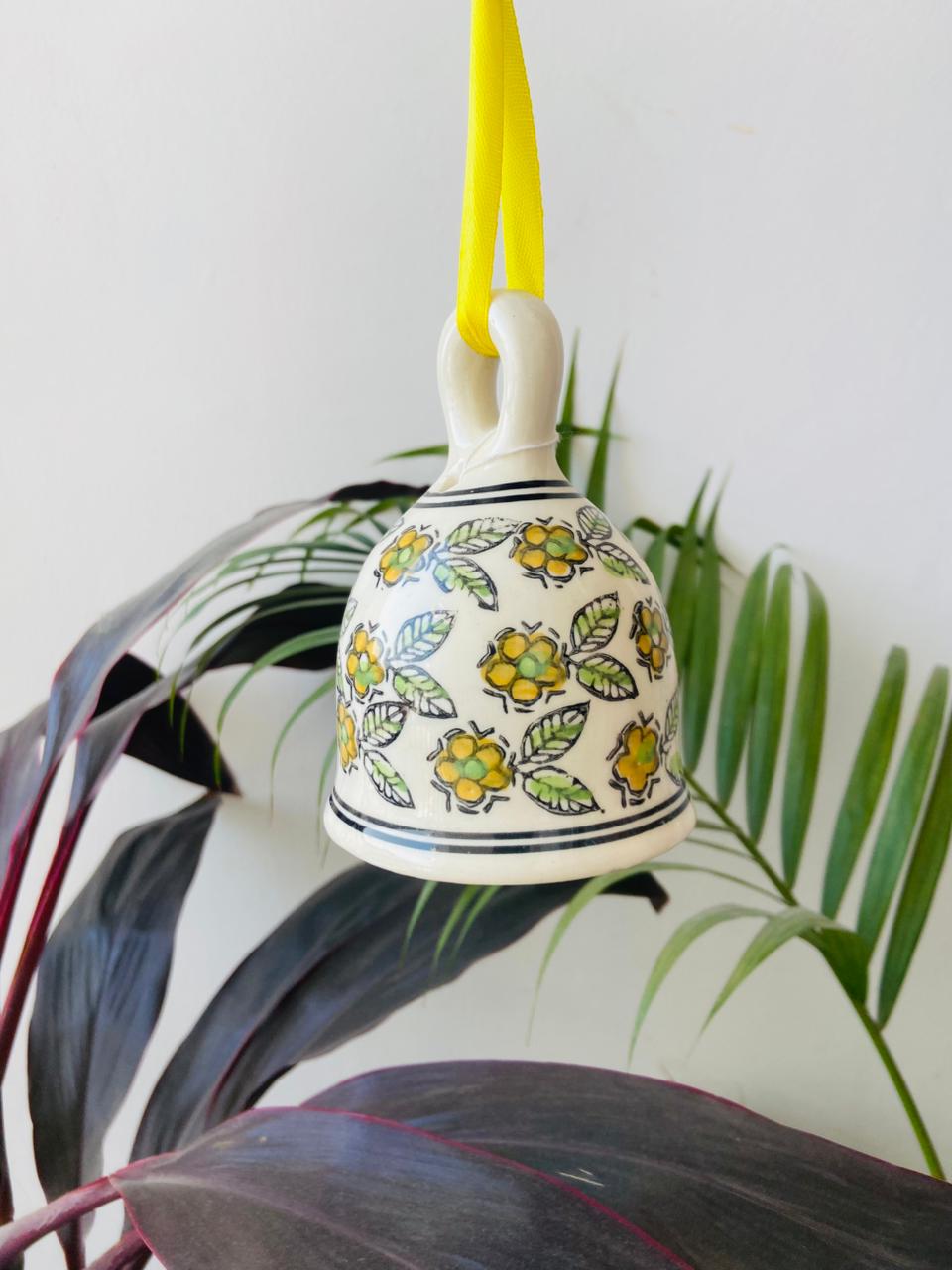 Yellow Flower Hand-Painted Ceramic Bell - 5 Inch Large