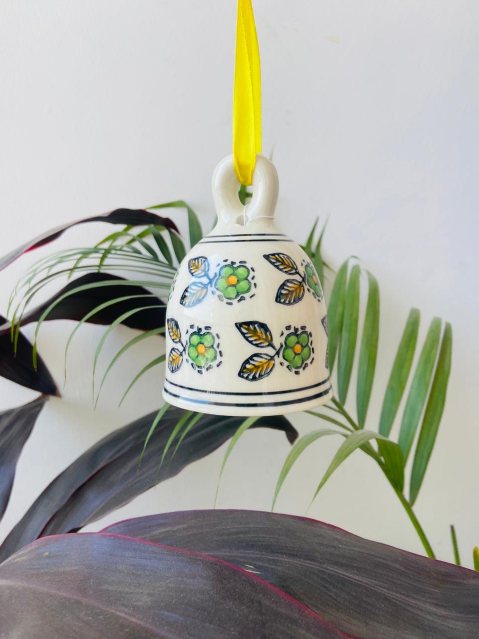 Green Flower Hand-Painted Ceramic Bell - 5 Inch Large
