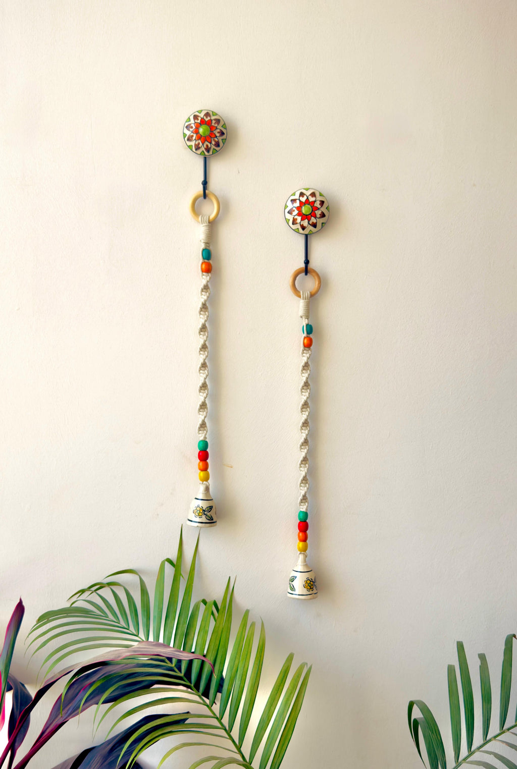 Handcrafted Temple Chimes Set of 2 - Yellow Flower | Macrame Wall Decor