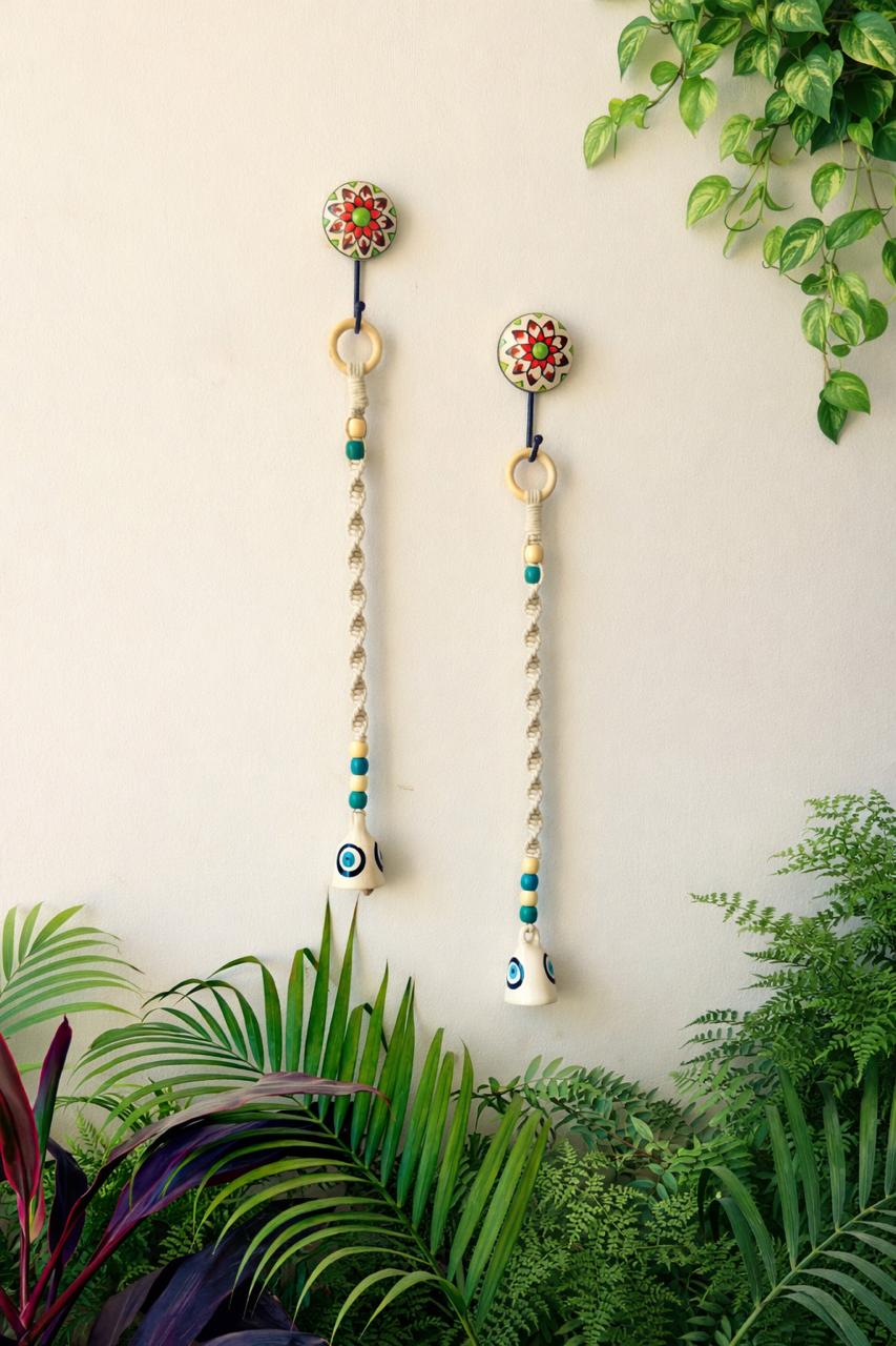 Nazar Temple Bell Chime | Set of 2 | Handcrafted Macrame Protection Decor