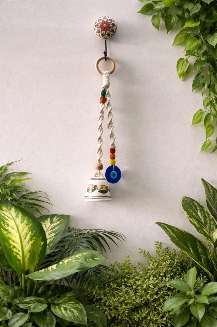Macrame Ceramic Bell Hanging with 50mm Glass Evil Eye - Bird Design