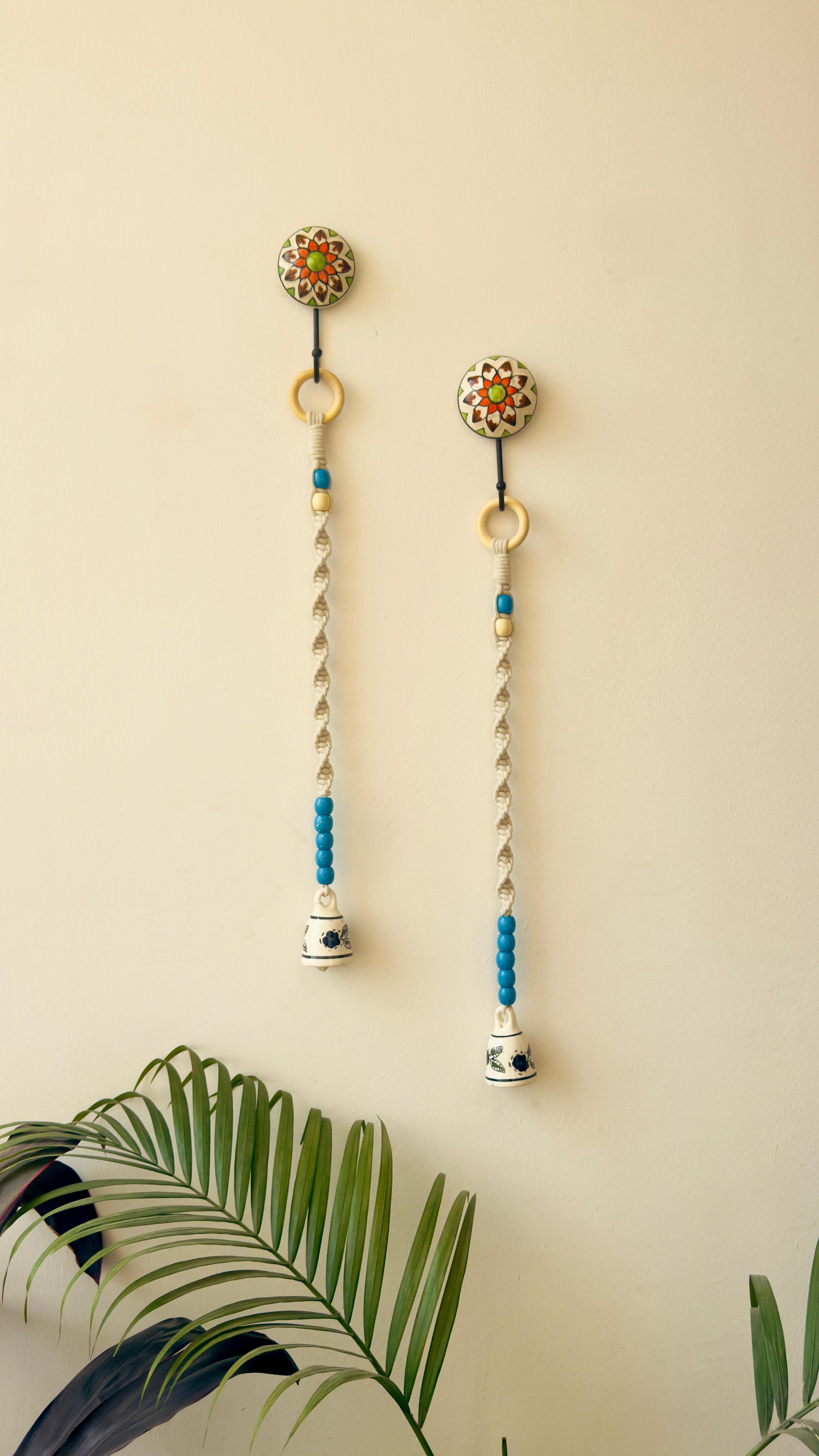 Temple Bell Chime Set of 2 - Handcrafted Macrame & Ceramic Blue Flower Bells