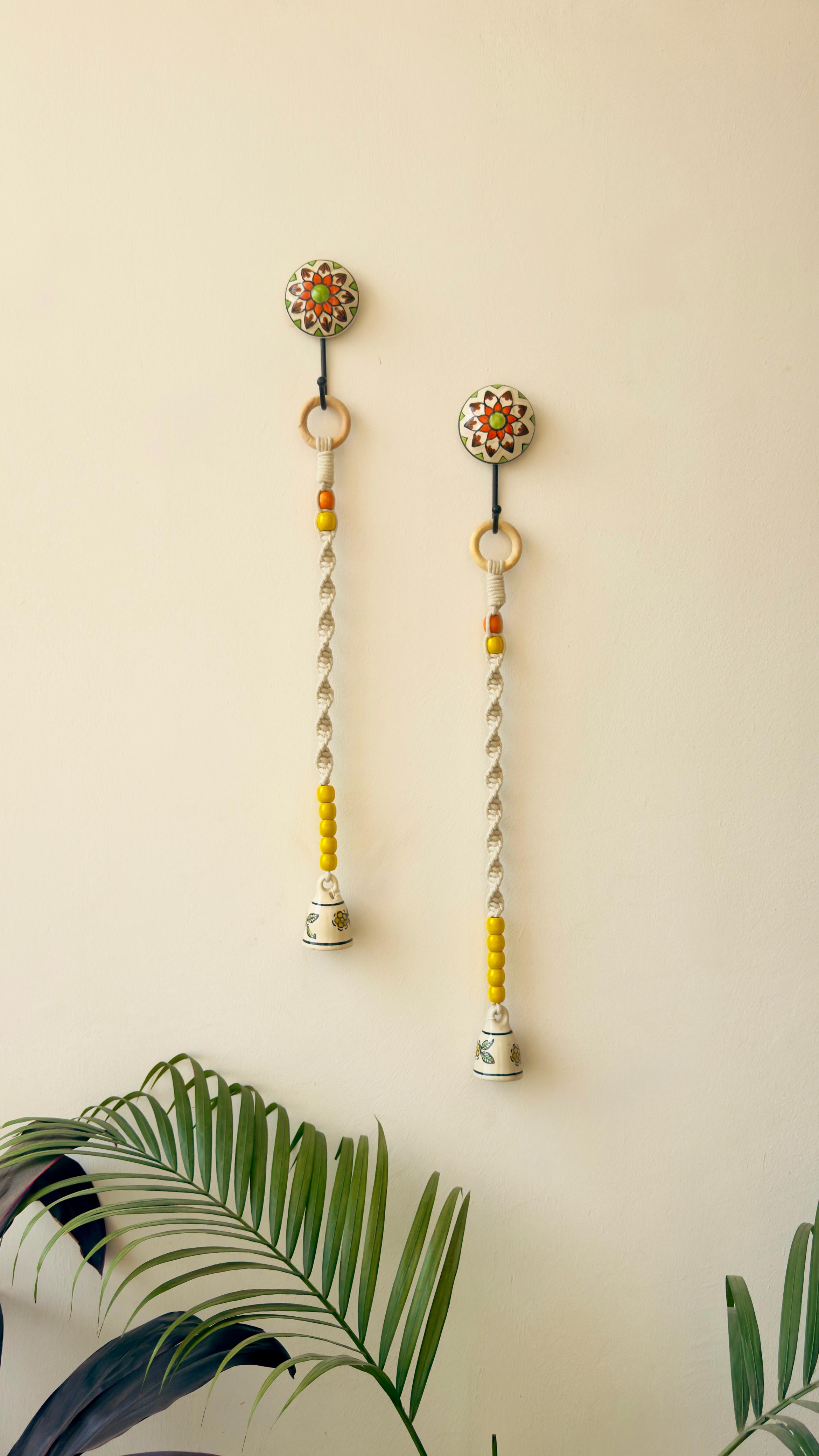 Temple Bell Chime Set of 2 - Handcrafted Macrame &  Yellow Flower Ceramic Bell