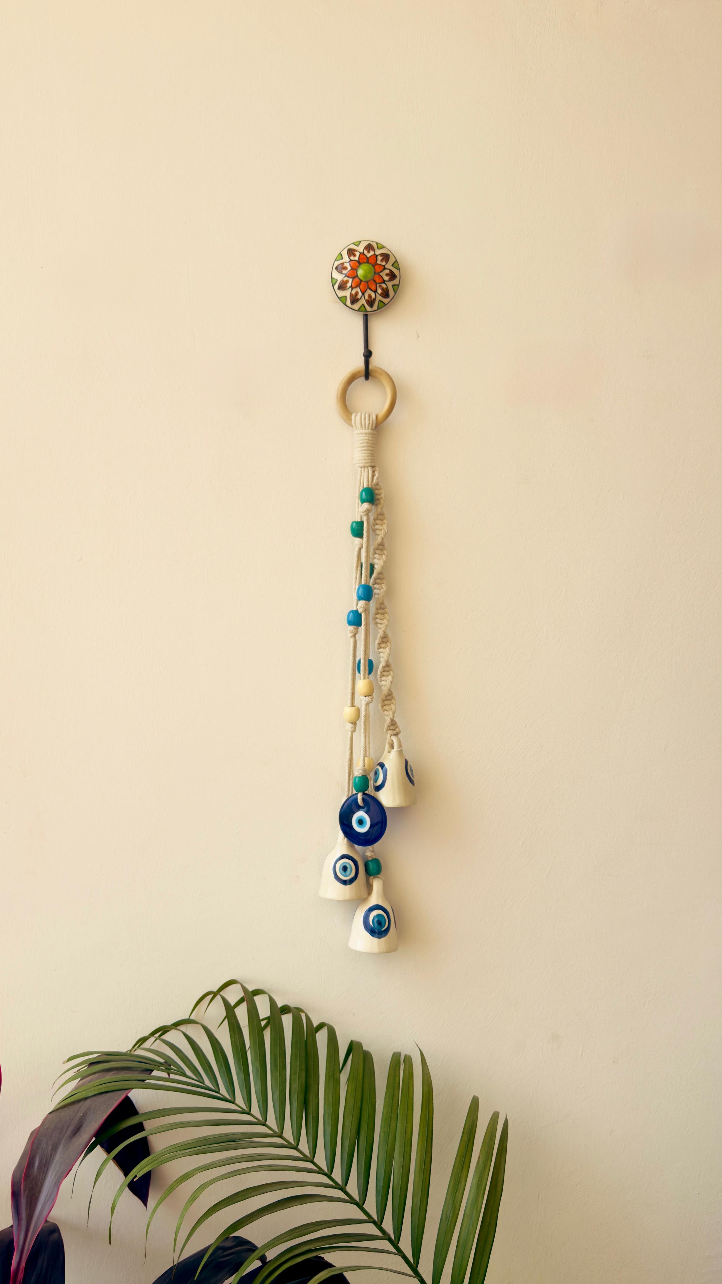 Jhilmil Evil Eye Bunch - Handcrafted Macrame Wall Hanging with Ceramic Bells