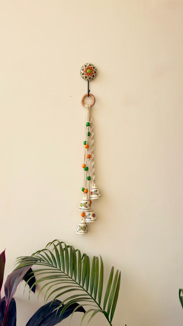 Jhilmil Green & Orange Flower Bell Bunch - Handcrafted Macrame Wall Hanging