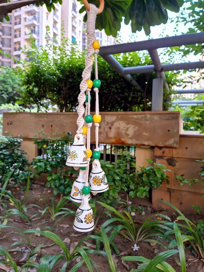 Jhilmil Green & Yellow Ceramic Bells Bunch - Handcrafted Temple Chimes