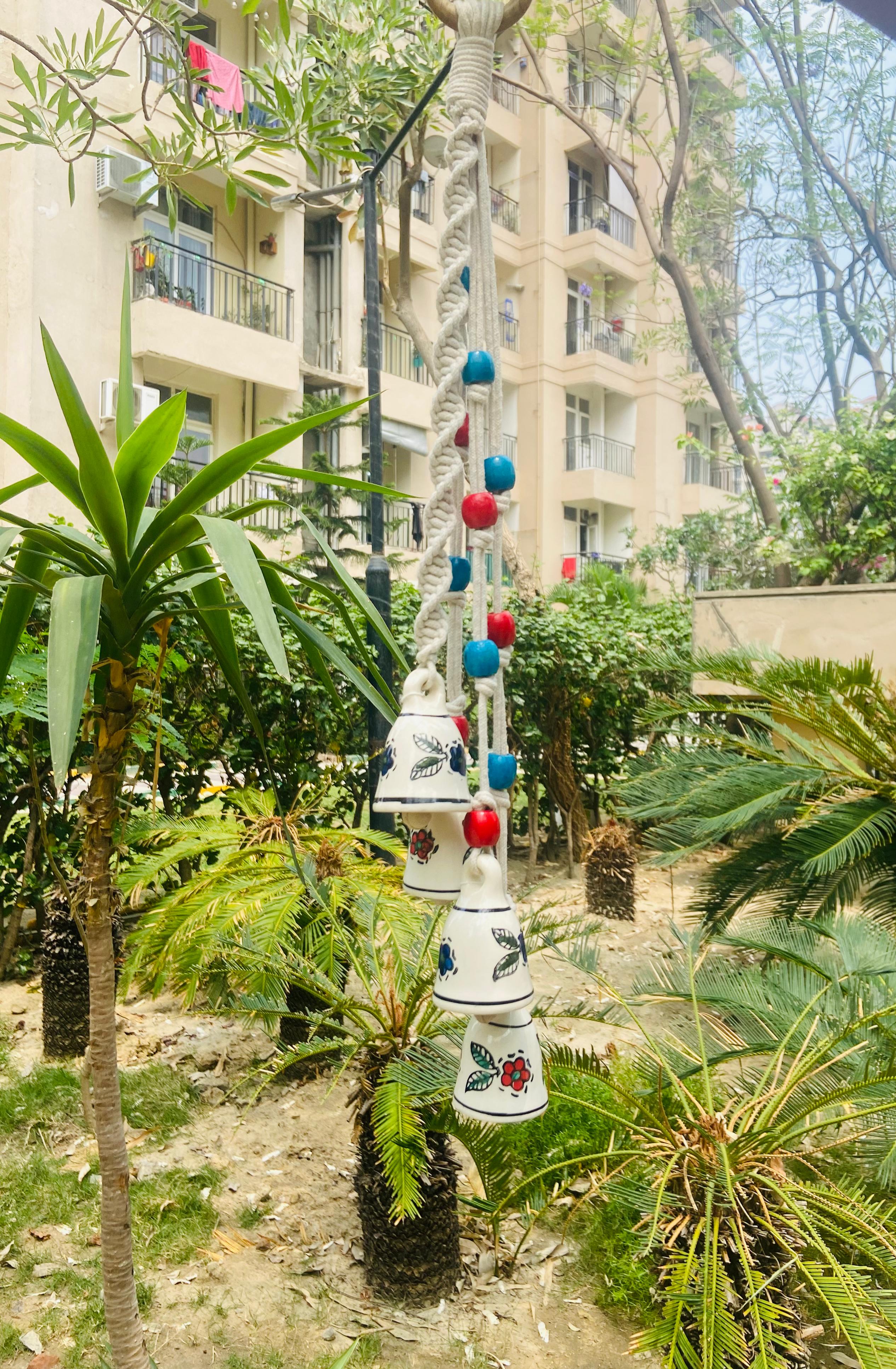 Jhilmil Red & Blue Ceramic Bells Bunch - Handcrafted Temple Chimes