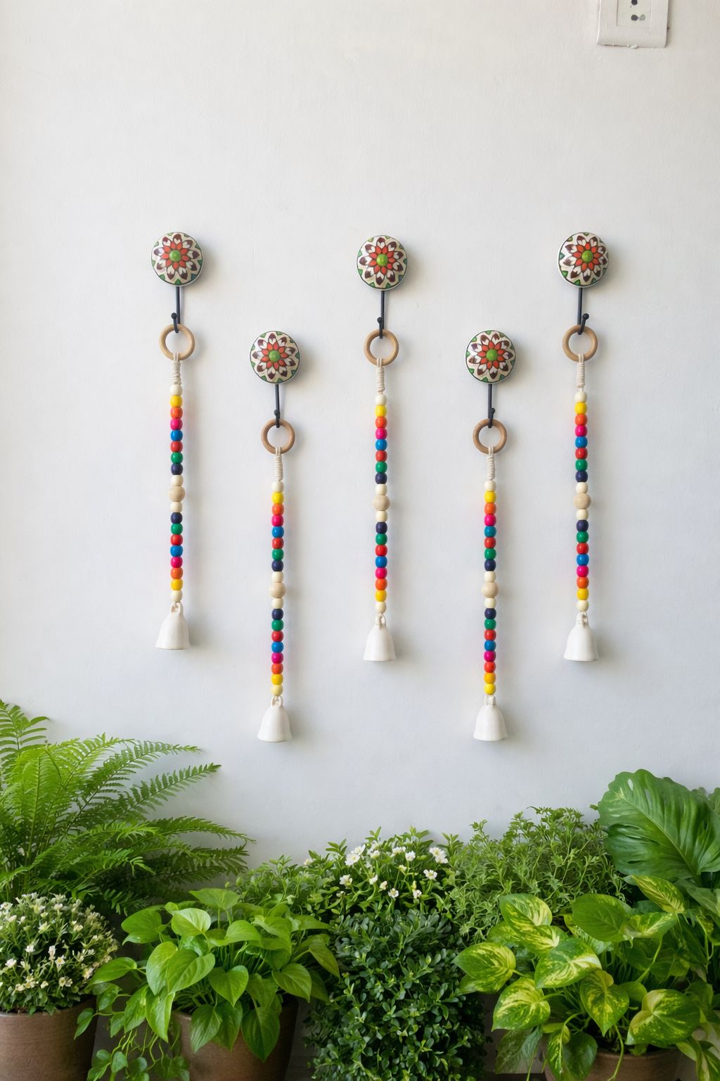 Multicolour Ceramic Backdrop Set of 5 - Handcrafted Ivory Bells with Colorful Beads