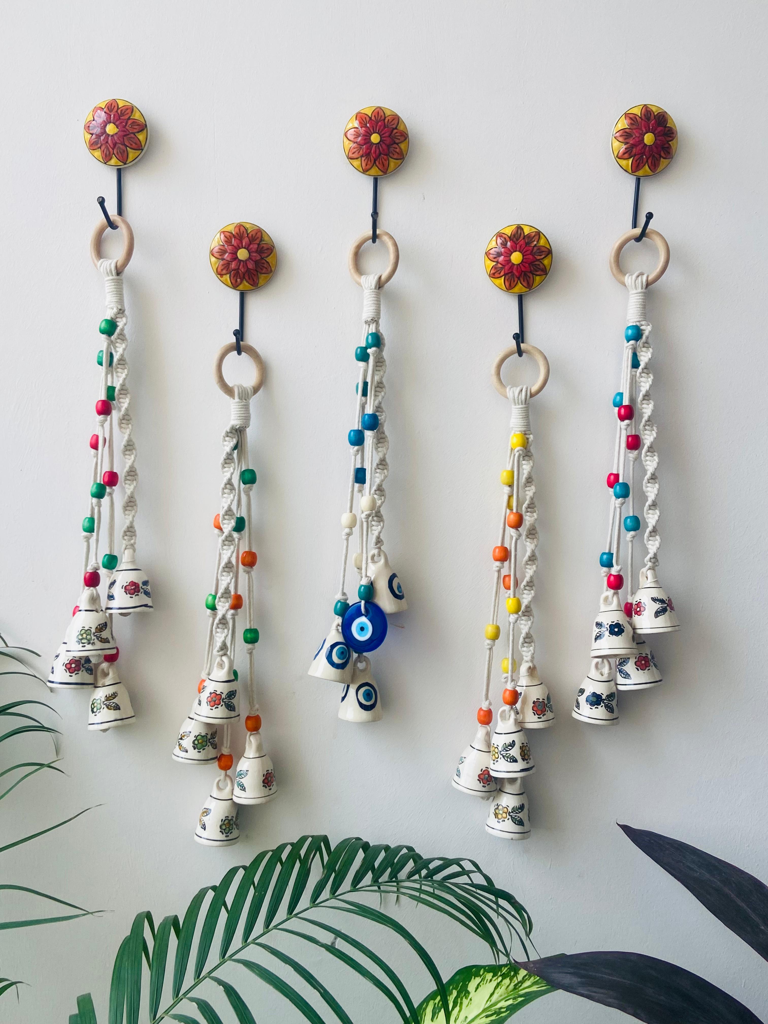 Macrame Ceramic Bells Set of 5 - Colorful Boho Wall Hanging
