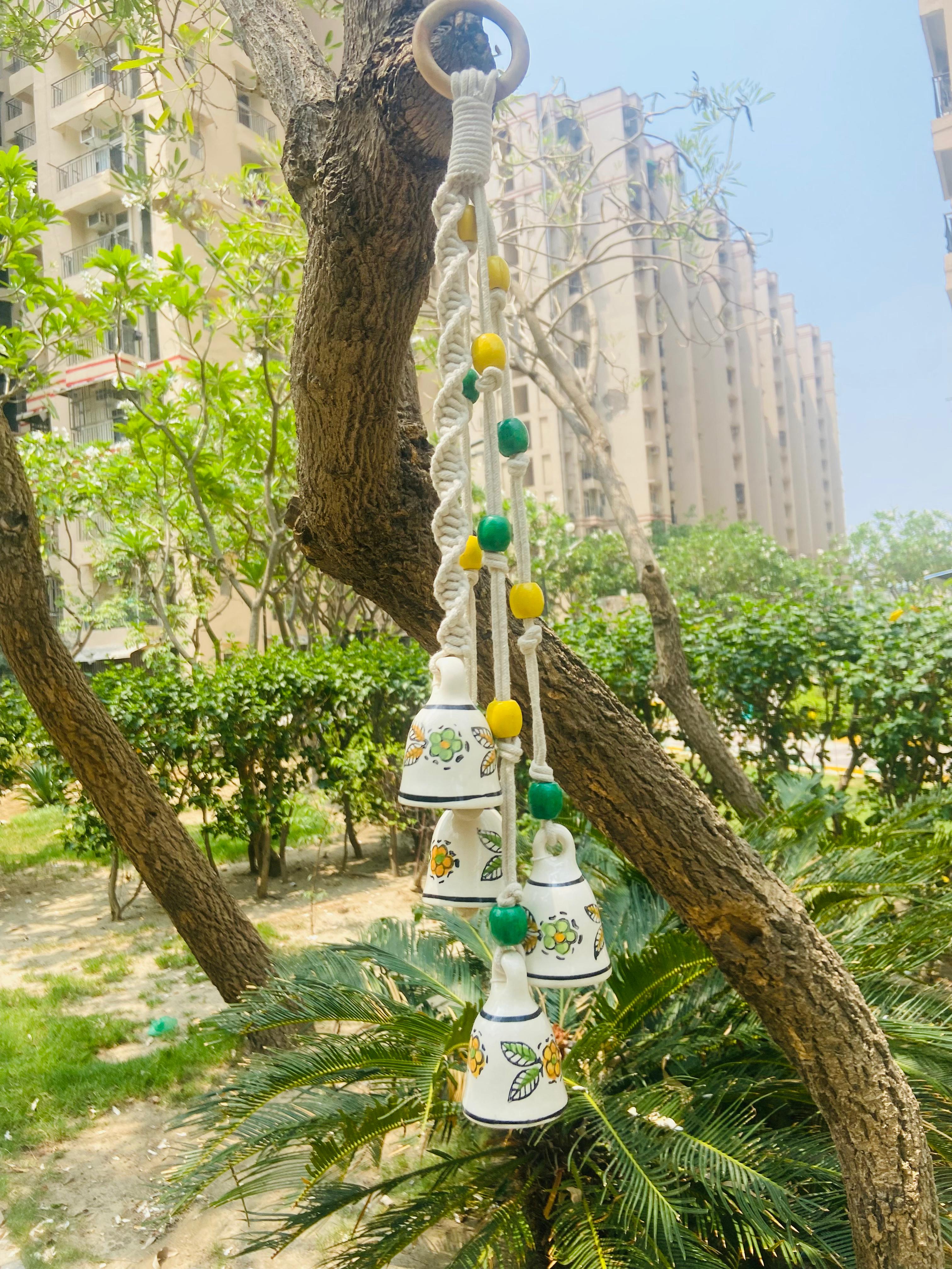 Jhilmil Green & Yellow Ceramic Bells Bunch - Handcrafted Temple Chimes