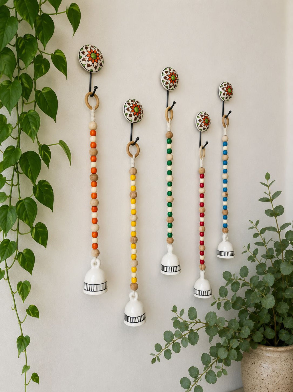 Handmade Ivory Ceramic Beaded Bells – Set of 5 (Multicolor)