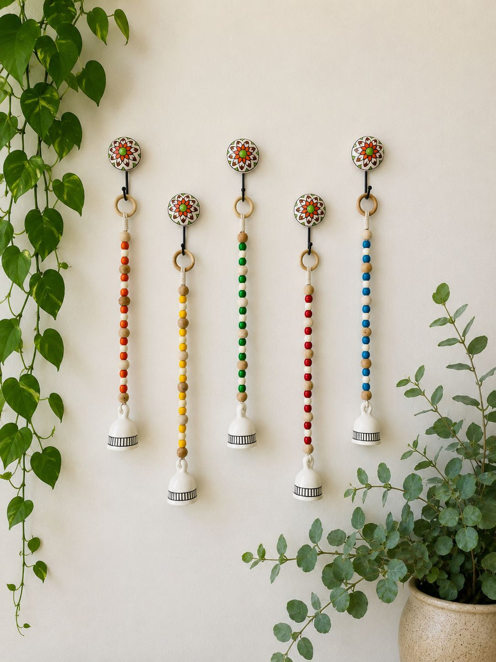 Handmade Ivory Ceramic Beaded Bells – Set of 5 (Multicolor)