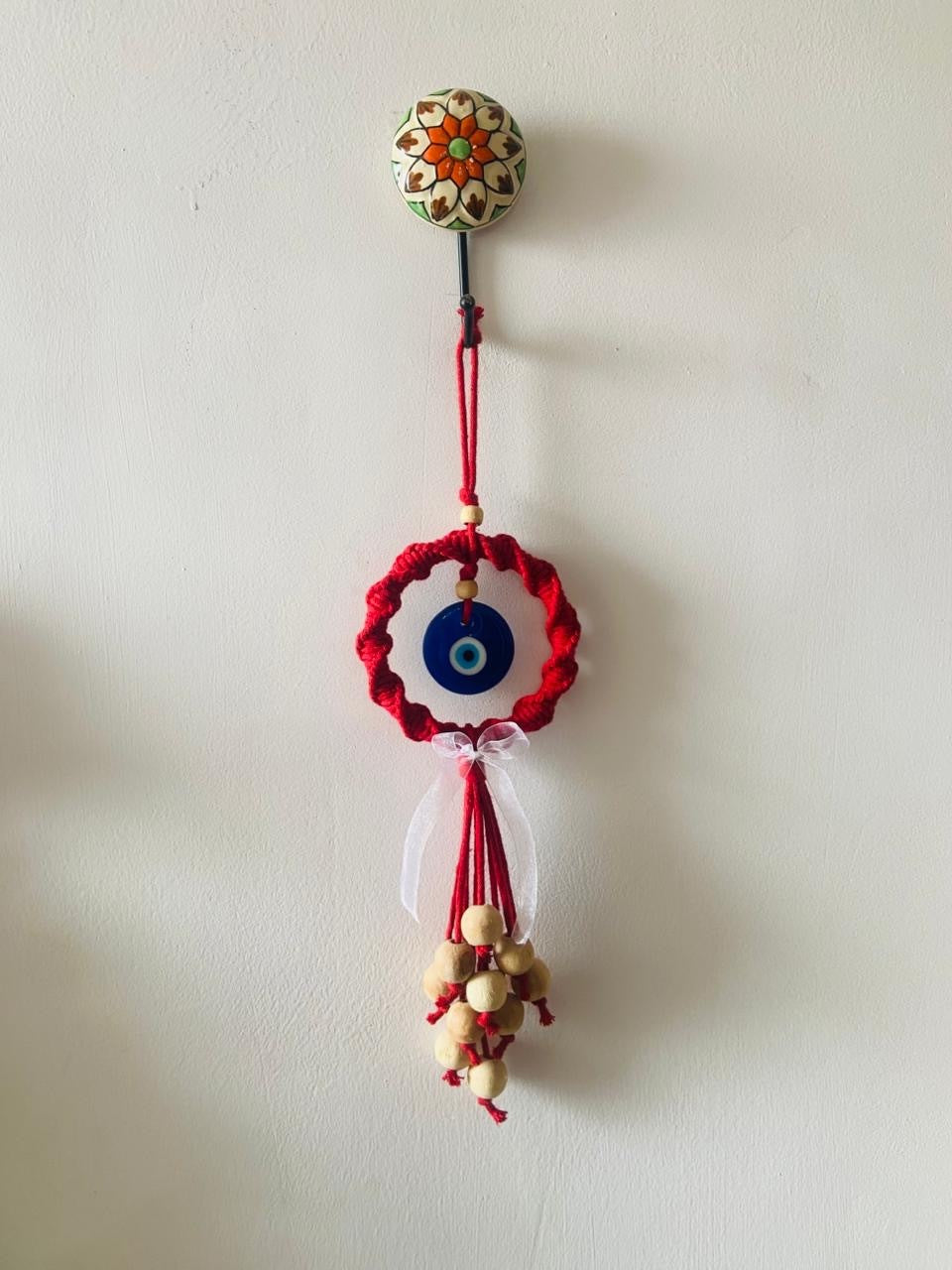 Handcrafted Macrame Evil Eye Hanging in Red Colour